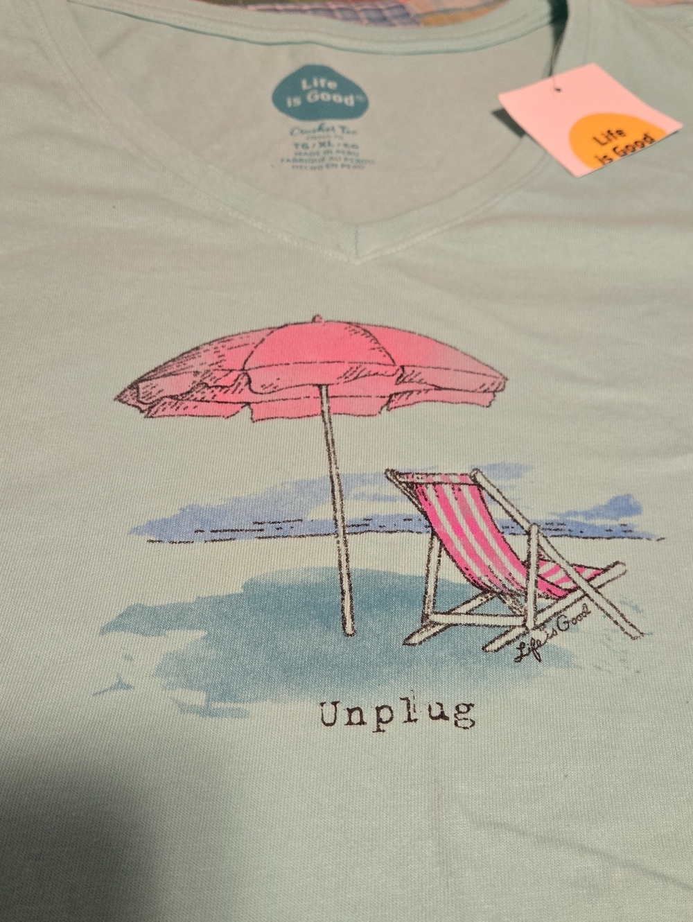 Life Is Good Mint V-Neck Tee with Pink Umbrella and Chair Graphic
